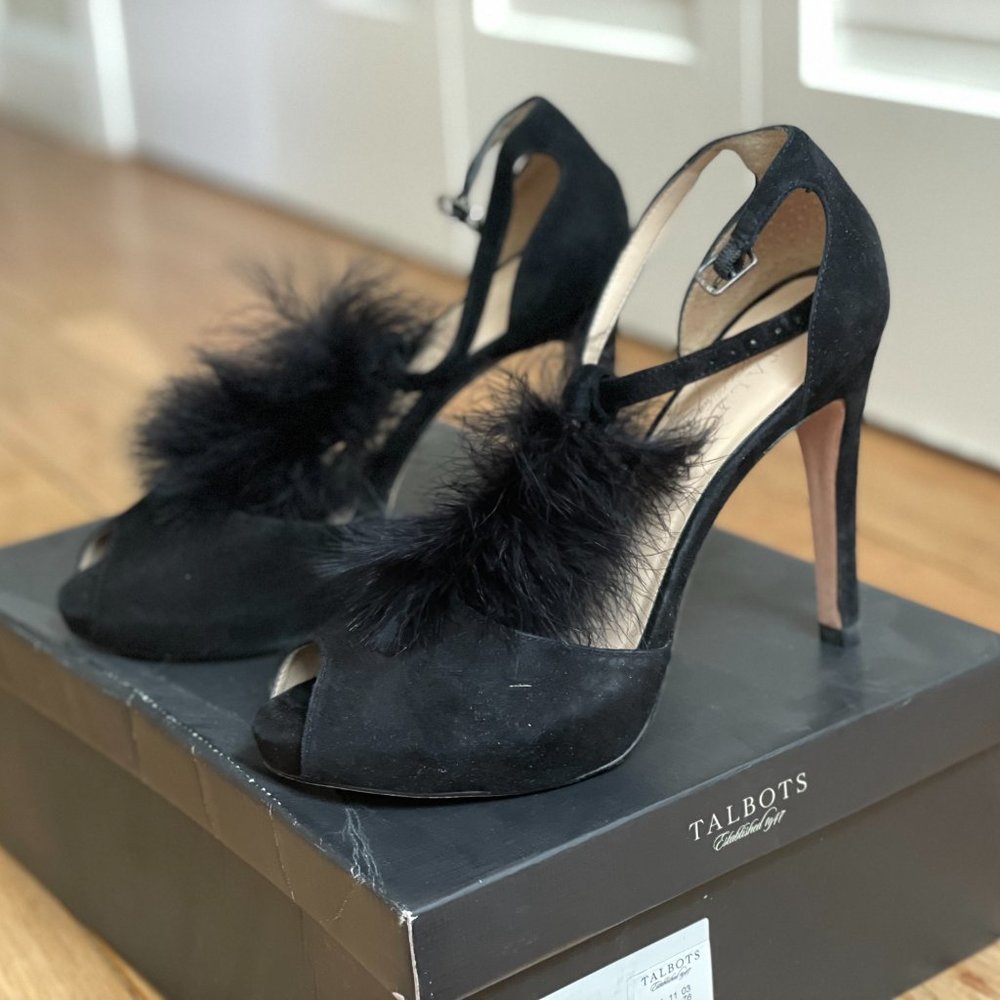 Talbots Elana2 black suede peep toe high heels feather w/box
